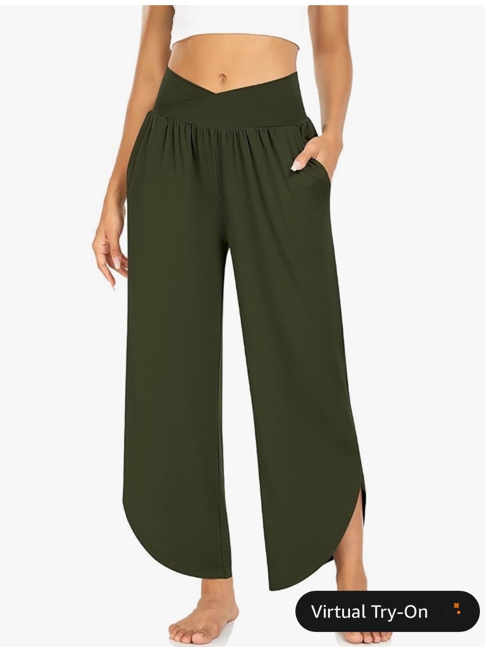 High-Rise Wide Leg Olive Green Yoga Pants with Side Slits
